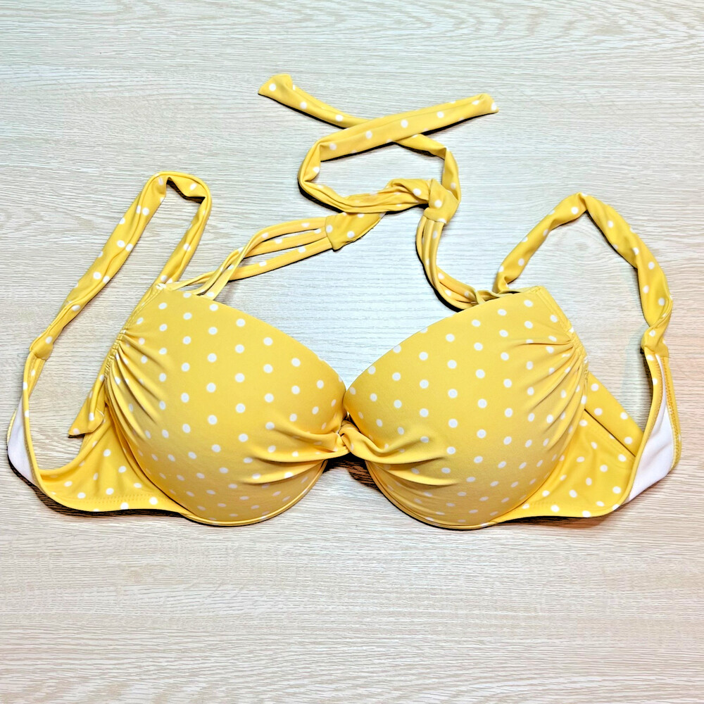 California Waves Bikini Top D/DD Halter Tie Padded Formed Cup Yellow Polka Dot